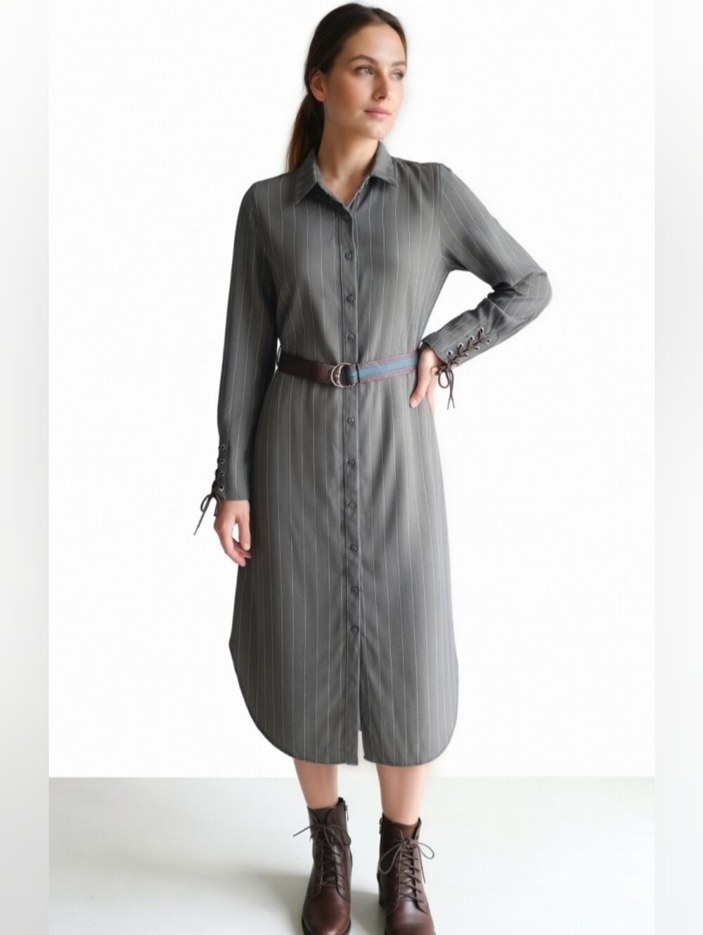 Anthropology Current Air Olive Green Striped Button-Up Shirt Dress